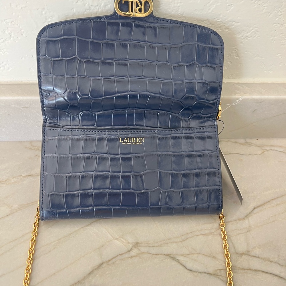 Ralph Lauren Navy Croc-Embossed Leather Chain Clutch - Picture 3 of 3